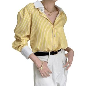 imageSweatyRocks Womens Button Down Blouse Striped Long Sleeve Collared Office Work TopsYellow