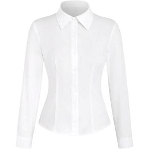 imageSweatyRocks Womens Button Down Long Sleeve Shirts Collar Office Work Blouse TopsWhite