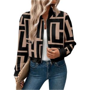 imageSweatyRocks Womens Casual Graphic Zip Up Bomber Jackets Stand Collar Lightweight Cropped Outerwear TopsApricot