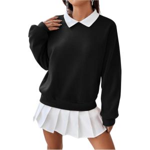 imageSweatyRocks Womens Contrast Collared Thermal Sweatshirt Drop Shoulder Long Sleeve Pullover TopsBlack and White