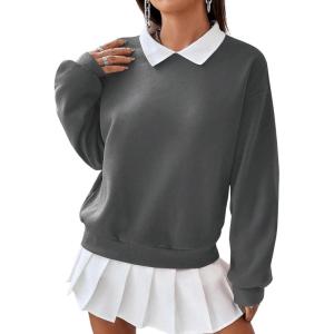 imageSweatyRocks Womens Contrast Collared Thermal Sweatshirt Drop Shoulder Long Sleeve Pullover TopsDark Grey