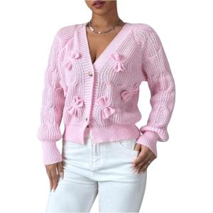 imageSweatyRocks Womens Crochet Cardigan V Neck Long Sleeve Bow Decorated Button Down Knit Sweater TopsPink