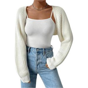 imageSweatyRocks Womens Cropped Open Front Cardigan Sweaters Long Sleeve Cable Knit ShrugBeige