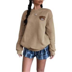 imageSweatyRocks Womens Cute Bear Sweatshirts Long Sleeve Crewneck Casual Pullover TopsKhaki
