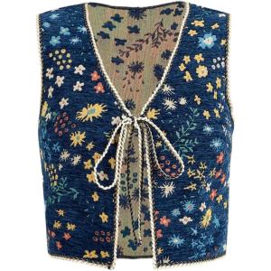 imageSweatyRocks Womens Floral Print V Neck Vest Tie Front Sleeveless Boho Vests TopsRoyal Blue