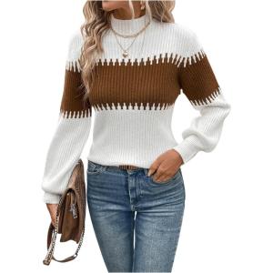 imageSweatyRocks Womens Lantern Sleeves Knitted Sweater Mock Neck Color Block Patchwork Casual PulloversWhite