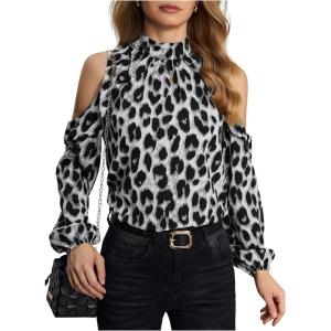 imageSweatyRocks Womens Leopard Print Long Sleeve Blouse Cold Shoulder Mock Neck Ruffle TopsBlack and White