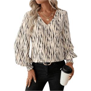 imageSweatyRocks Womens Leopard Print V Neck Long Lantern Sleeve Shirred Blouse Shirt TopsBeige