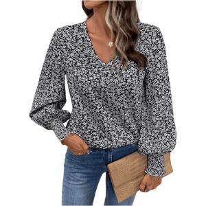 imageSweatyRocks Womens Leopard Print V Neck Long Lantern Sleeve Shirred Blouse Shirt TopsBlack