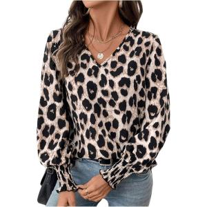 imageSweatyRocks Womens Leopard Print V Neck Long Lantern Sleeve Shirred Blouse Shirt TopsBrown