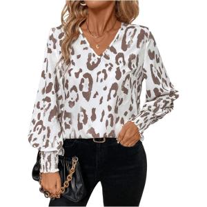imageSweatyRocks Womens Leopard Print V Neck Long Lantern Sleeve Shirred Blouse Shirt TopsKhaki and White