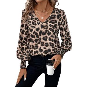 imageSweatyRocks Womens Leopard Print V Neck Long Lantern Sleeve Shirred Blouse Shirt TopsMulticolor
