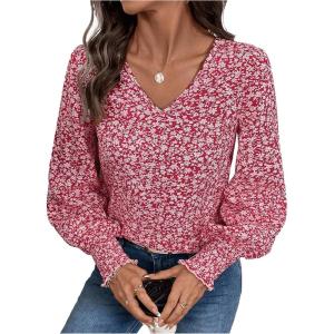 imageSweatyRocks Womens Leopard Print V Neck Long Lantern Sleeve Shirred Blouse Shirt TopsRed