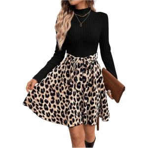 imageSweatyRocks Womens Long Sleeve Mini Dress Leopard Print High Waisted Belt Flared Skater DressesMulticolor