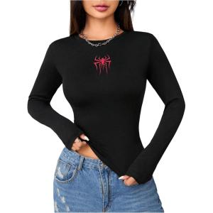 imageSweatyRocks Womens Long Sleeve Y2k Basic Crop Top Goth Slim Fit Summer Workout T ShirtBlack