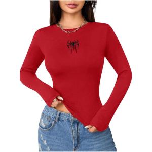 imageSweatyRocks Womens Long Sleeve Y2k Basic Crop Top Goth Slim Fit Summer Workout T ShirtRed