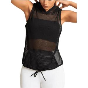 imageSweatyRocks Womens Mesh Workout Hoodie Tank Tops with Pocket Sport Fishnet Sleeveless TopBlack
