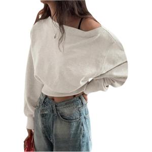 imageSweatyRocks Womens Off The Shoulder Sweatshirt Casual Long Sleeve Pullover Crop TopsApricot