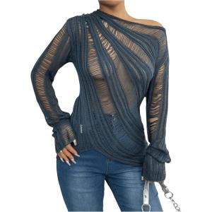 imageSweatyRocks Womens One Shoulder Sheer Sweater Long Sleeve Hollow Out Asymmetrical Neck Pullover Tops Blue S