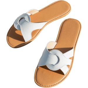 imageSweatyRocks Womens Open Toe Strappy Flat Sandals PU Leather Colorblock Solid Slip on SlidesWhite