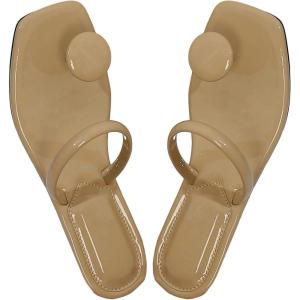 imageSweatyRocks Womens PU Leather Open Square Toe Thong Sandals Round Decor Outdoor Flat SandalsApricot