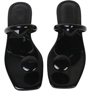 imageSweatyRocks Womens PU Leather Open Square Toe Thong Sandals Round Decor Outdoor Flat SandalsBlack