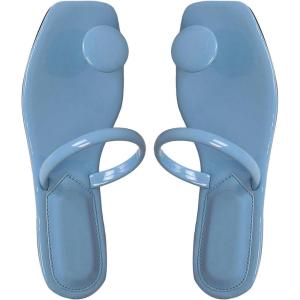 imageSweatyRocks Womens PU Leather Open Square Toe Thong Sandals Round Decor Outdoor Flat SandalsBlue