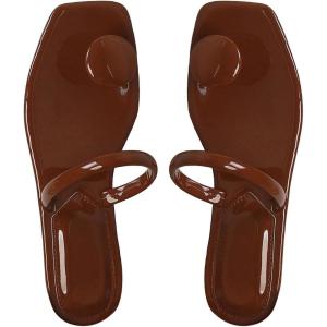 imageSweatyRocks Womens PU Leather Open Square Toe Thong Sandals Round Decor Outdoor Flat SandalsBrown