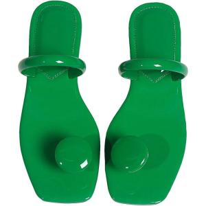 imageSweatyRocks Womens PU Leather Open Square Toe Thong Sandals Round Decor Outdoor Flat SandalsGreen