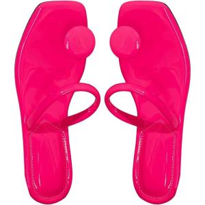imageSweatyRocks Womens PU Leather Open Square Toe Thong Sandals Round Decor Outdoor Flat SandalsHot Pink
