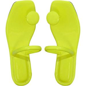 imageSweatyRocks Womens PU Leather Open Square Toe Thong Sandals Round Decor Outdoor Flat SandalsMustard Yellow