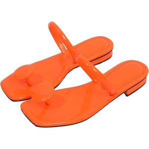 imageSweatyRocks Womens PU Leather Open Square Toe Thong Sandals Round Decor Outdoor Flat SandalsOrange