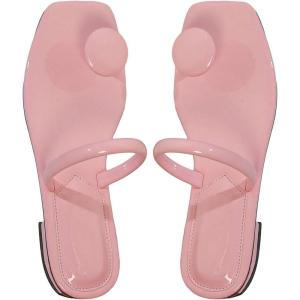 imageSweatyRocks Womens PU Leather Open Square Toe Thong Sandals Round Decor Outdoor Flat SandalsPink