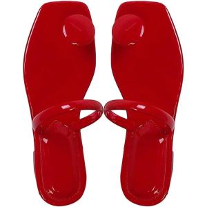 imageSweatyRocks Womens PU Leather Open Square Toe Thong Sandals Round Decor Outdoor Flat SandalsRed