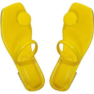 imageSweatyRocks Womens PU Leather Open Square Toe Thong Sandals Round Decor Outdoor Flat SandalsYellow