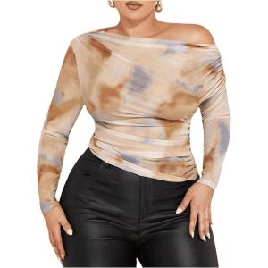 imageSweatyRocks Womens Plus Size Crop Tops Asymmetrical Neck Ruched Long Sleeve Mesh T ShirtsBeige