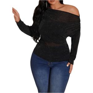 imageSweatyRocks Womens Plus Size Crop Tops Asymmetrical Neck Ruched Long Sleeve Mesh T ShirtsBlack