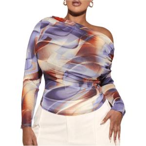 imageSweatyRocks Womens Plus Size Crop Tops Asymmetrical Neck Ruched Long Sleeve Mesh T ShirtsBlue