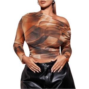 imageSweatyRocks Womens Plus Size Crop Tops Asymmetrical Neck Ruched Long Sleeve Mesh T ShirtsBrown