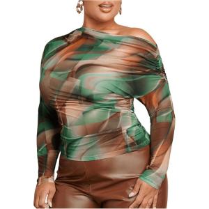 imageSweatyRocks Womens Plus Size Crop Tops Asymmetrical Neck Ruched Long Sleeve Mesh T ShirtsGreen
