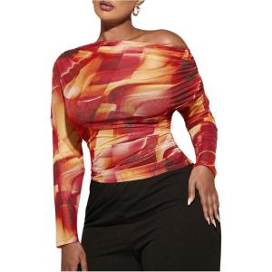 imageSweatyRocks Womens Plus Size Crop Tops Asymmetrical Neck Ruched Long Sleeve Mesh T ShirtsOrange