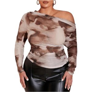 imageSweatyRocks Womens Plus Size Crop Tops Asymmetrical Neck Ruched Long Sleeve Mesh T ShirtsWhite and Brown