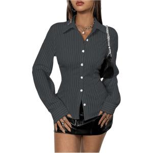 imageSweatyRocks Womens Striped Button Down Slim Fit Shirt Long Sleeve Collar Work Blouse TopsBlack