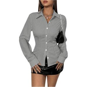 imageSweatyRocks Womens Striped Button Down Slim Fit Shirt Long Sleeve Collar Work Blouse TopsGrey