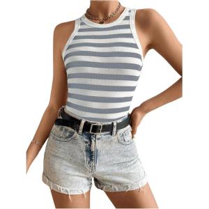 imageSweatyRocks Womens Striped Pattern Round Neck Tank Top Sleeveless Ribbed Knit Vest TopsGrey