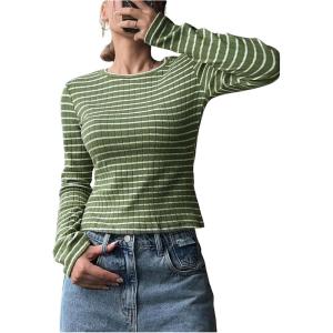 imageSweatyRocks Womens Striped Tops Long Sleeve Thermal Shirt Fleece Crew Neck TeeArmy Green