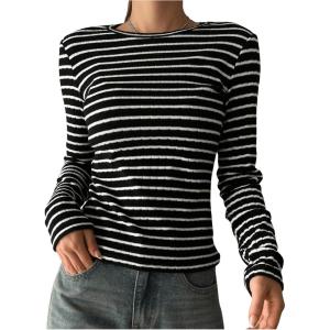 imageSweatyRocks Womens Striped Tops Long Sleeve Thermal Shirt Fleece Crew Neck TeeBlack Striped