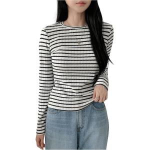 imageSweatyRocks Womens Striped Tops Long Sleeve Thermal Shirt Fleece Crew Neck TeeBlack and White