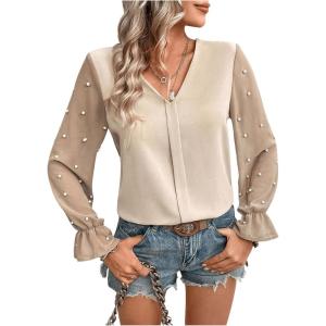 imageSweatyRocks Womens V Neck Tops Pearls Beaded Sheer Mesh Sleeve Elegant BlouseApricot