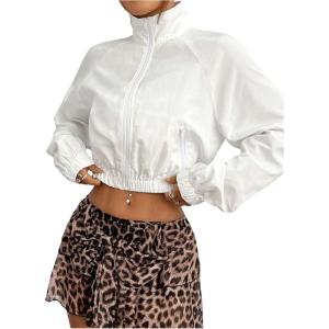imageSweatyRocks Womens ZipFront Pocket Jacket Solid Casual Windbreaker Crop TopsWhite